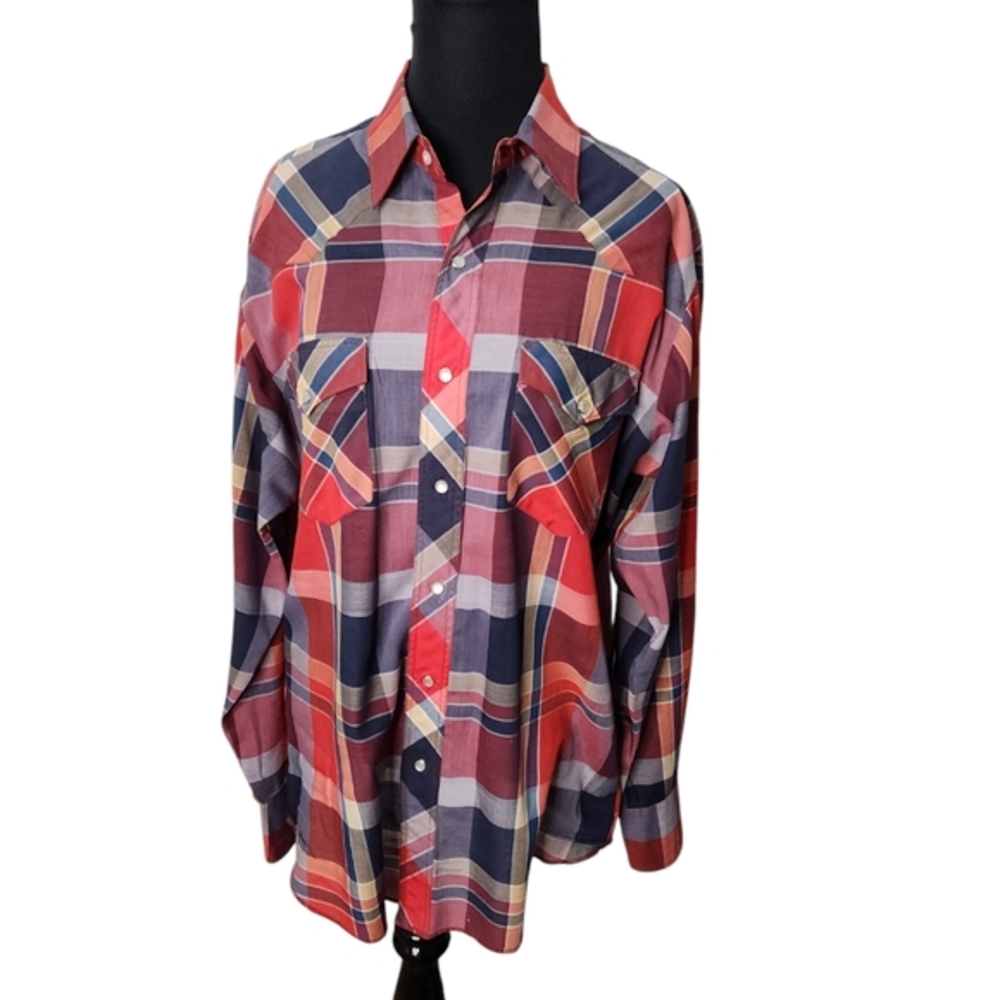 Men's Wrangler Western Shirt with Snap Buttons Red White and Blue Size 15 15,5